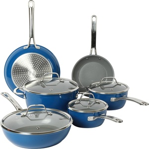 Sur La Table Kitchen Essentials 10 Piece PFA Free Titanium Ceramic Nonstick Interior Forged Aluminum Cookware Pots and Pans Set – Black – Induction Compatible(Blue)