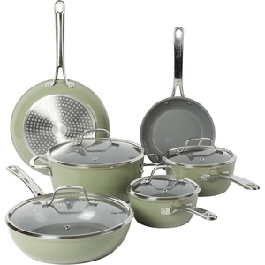 Sur La Table Kitchen Essentials 10 Piece PFA Free Titanium Ceramic Nonstick Interior Forged Aluminum Cookware Pots and Pans Set – Black – Induction Compatible(Green)