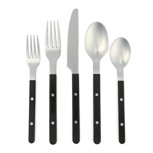 Sur La Table Kitchen Essentials 20 Piece Flatware Silverware Set – Stainless Steel Utensils – Forks, Spoons, Knives – Linen(Black)