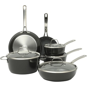Sur La Table Kitchen Essentials Cool Commune Hard Anodized 10 Piece PFA Free Ceramic Non stick Interior Forged Durable Aluminum Pots and Pans Cookware Set – Black – Induction Compatible(Black (Hard Anodized Aluminum))