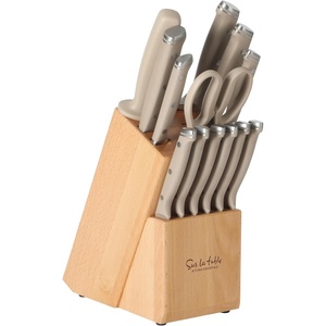 Sur La Table Kitchen Essentials Knife Set with Block, 14-Piece Forged German Steel Kitchen Knives, Beech Wood Block, Chef, Santoku, Bread & Steak Knives, Shears & Sharpener – Taupe(Taupe (14pc Set))