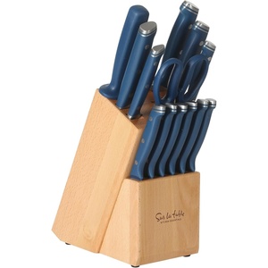 Sur La Table Kitchen Essentials Knife Set with Block, 14-Piece Forged German Steel Kitchen Knives, Beech Wood Block, Chef, Santoku, Bread & Steak Knives, Shears & Sharpener – Taupe(Blue (14pc Set))