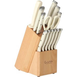 Sur La Table Kitchen Essentials Knife Set with Block, 14-Piece Forged German Steel Kitchen Knives, Beech Wood Block, Chef, Santoku, Bread & Steak Knives, Shears & Sharpener – Taupe(Linen White (14pc Set))