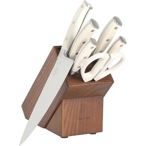 Sur La Table Kitchen Essentials Tasting Kitchen High-Carbon German Steel 7 Piece Full Tang Forged Cutlery Knife Block Set – Black W/Ashwood Block(Eggshell White w/ Ashwood Block)