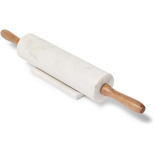Sur La Table Marble Rolling Pin with Wooden Handles, Solid White Marble Barrel with Turning Wooden Handles for Cool Pastry Rolling