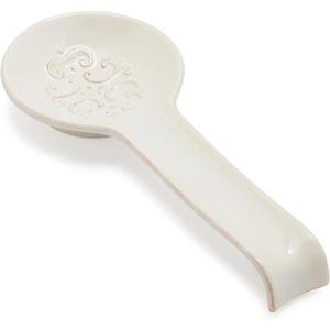 Sur La Table Pearl Stoneware Spoon Rest, Raised Dot Border Stoneware Utensil Rest for Counter and Stovetop Protection