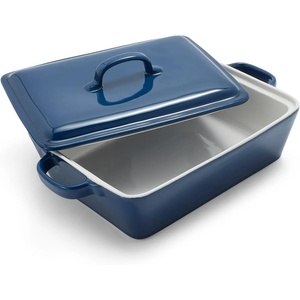 Sur La Table Rectangular Stoneware Casserole with Lid, 4 qt, Blue(Blue)