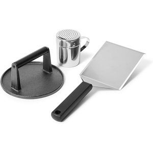 Sur La Table Smash Burger Kit – Heavy Cast Iron Press for Crispy Crust Patties, Oversized Beveled Spatula, Spice Shaker, 2 Recipe Cards – Premium Grill & Griddle Cooking Set