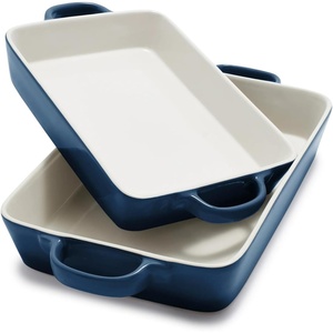 Sur La Table Stoneware 2-Piece Rectangular Baker Set, White(Blue)