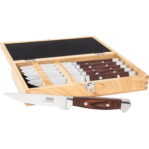 Viking Steak Knife Set, 6-Piece German Stainless Steel Knives with Pakkawood Handles and Wooden Box, Hand Wash Only, Red(Red)